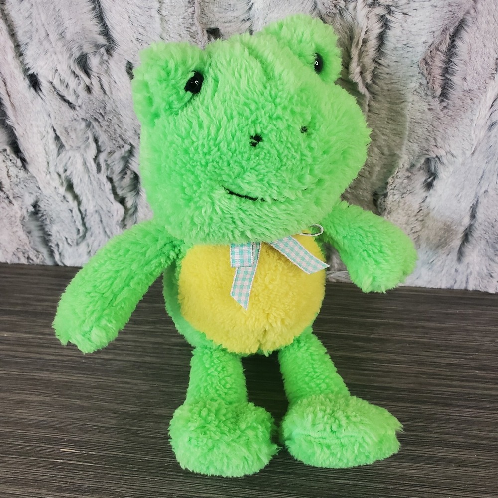 Animal Adventure Yellow Lime Green Frog Plush 2015 9" Stuffed Animal Gingham Bow